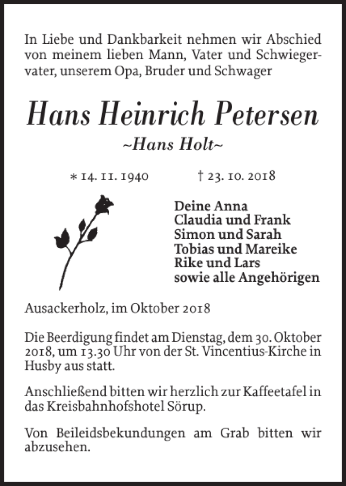  Traueranzeige für Hans Heinrich Petersen vom 27.10.2018 aus Flensburger Tageblatt