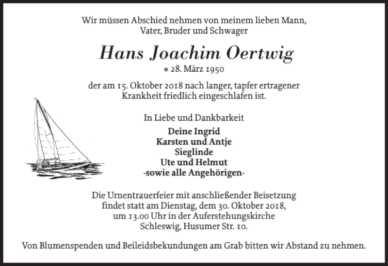  Traueranzeige für Hans Joachim Oertwig vom 20.10.2018 aus Schleswiger Nachrichten
