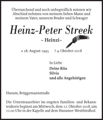 Traueranzeige von Heinz-Peter Streek von Husumer Nachrichten