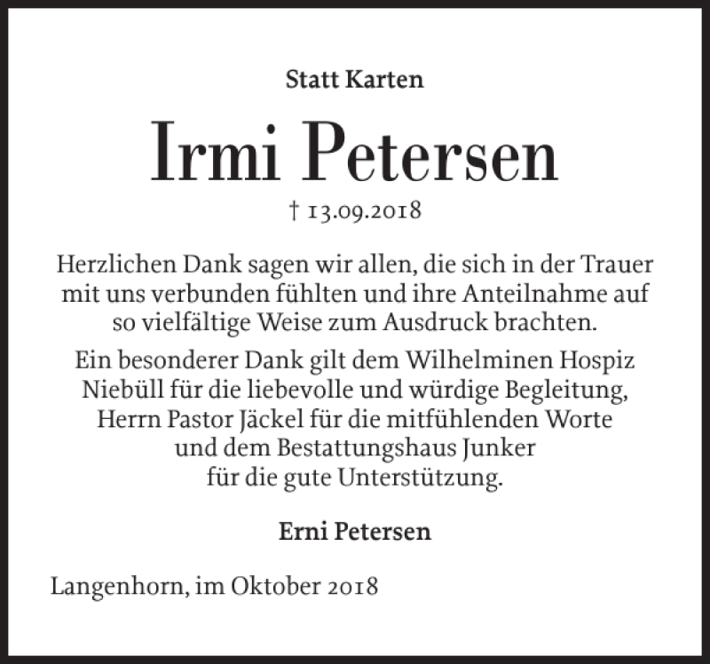  Traueranzeige für Irmi Petersen vom 22.10.2018 aus Husumer Nachrichten
