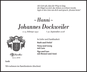 Traueranzeige von Johannes Dockweiler von Nordfriesland Tageblatt