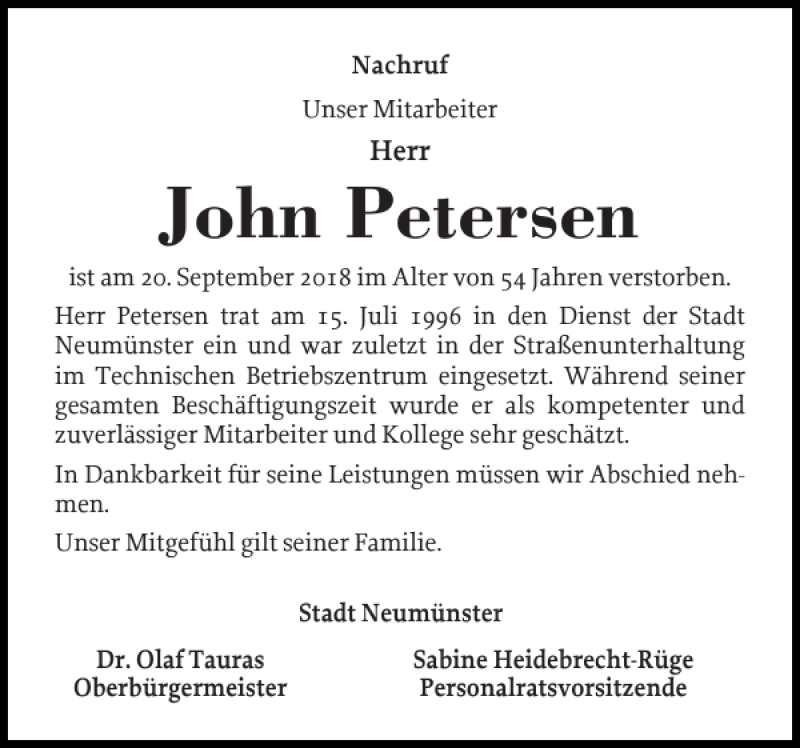  Traueranzeige für John Petersen vom 12.10.2018 aus Holsteinischer Courier