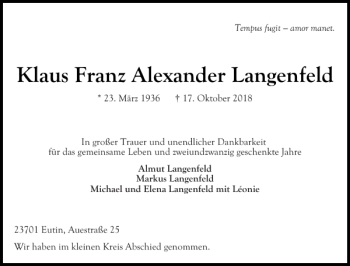 Traueranzeige von Klaus Franz Alexander Langenfeld von Ostholsteiner Anzeiger