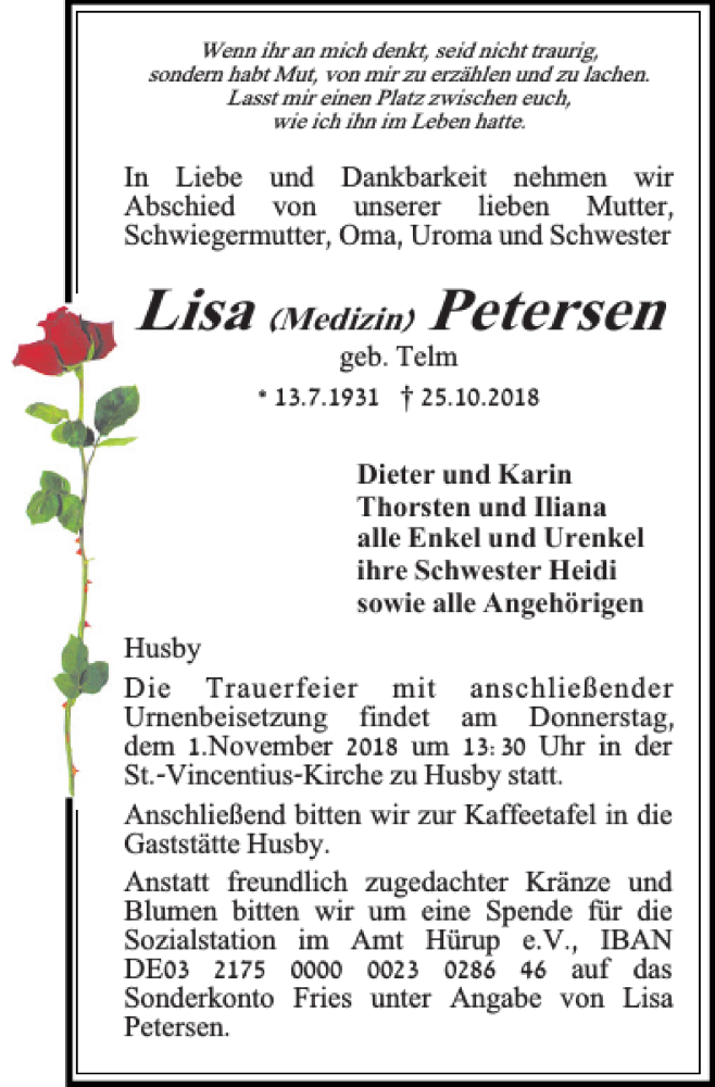  Traueranzeige für Lisa Petersen vom 27.10.2018 aus Flensburger Tageblatt