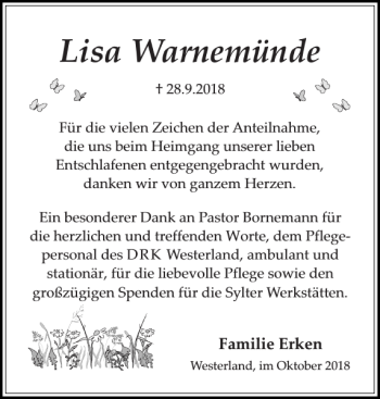 Traueranzeige von Lisa Warnemünde von Sylter Rundschau