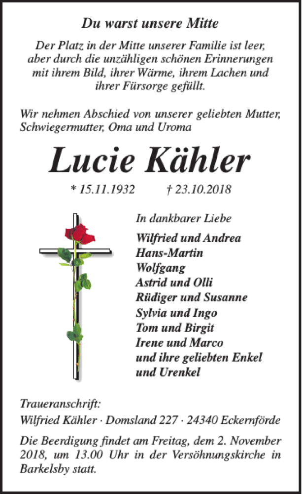  Traueranzeige für Lucie Kähler vom 27.10.2018 aus Eckernförder Zeitung