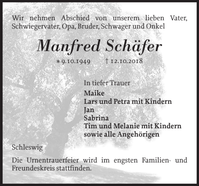  Traueranzeige für Manfred Schäfer vom 17.10.2018 aus Schleswiger Nachrichten