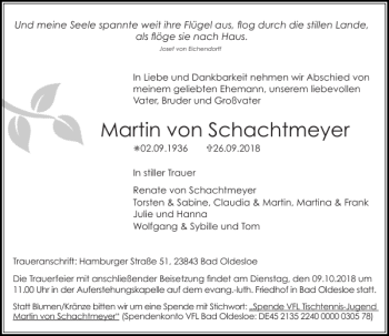 Traueranzeige von Martin von Schachtmeyer von Stormarner Tageblatt