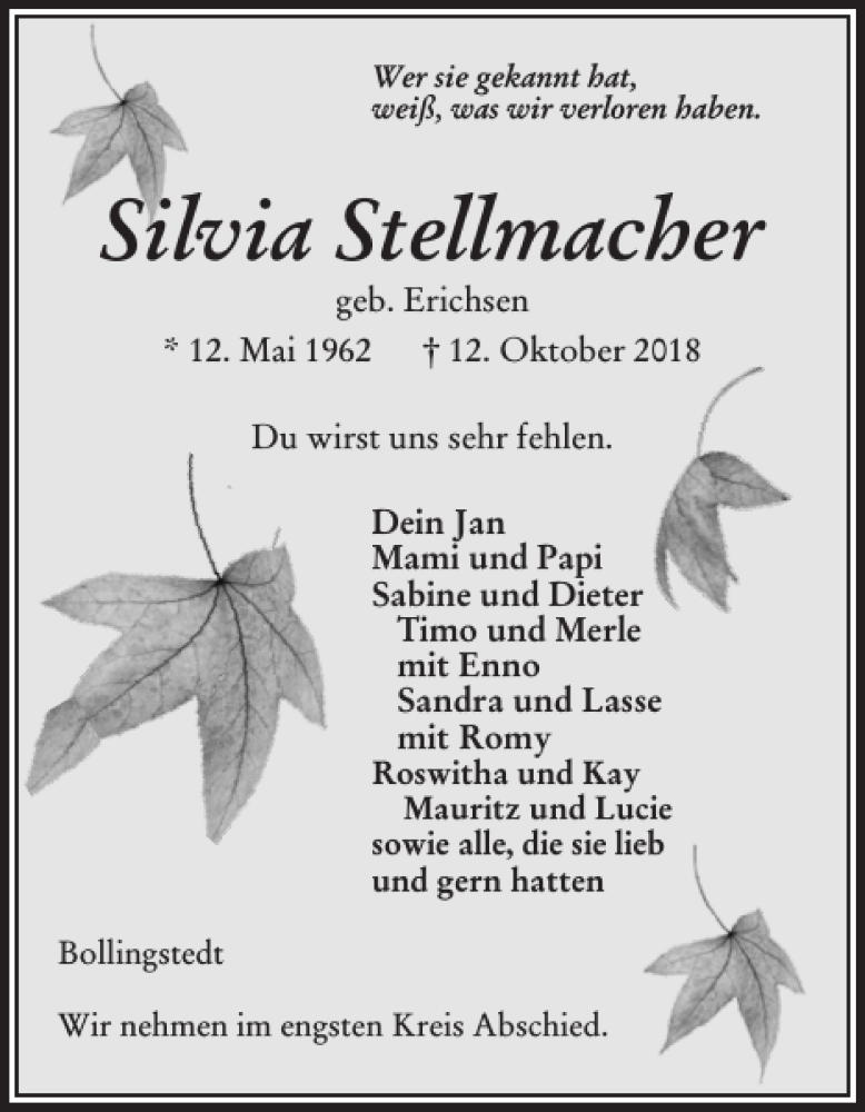  Traueranzeige für Silvia Stellmacher vom 22.10.2018 aus Flensburger Tageblatt