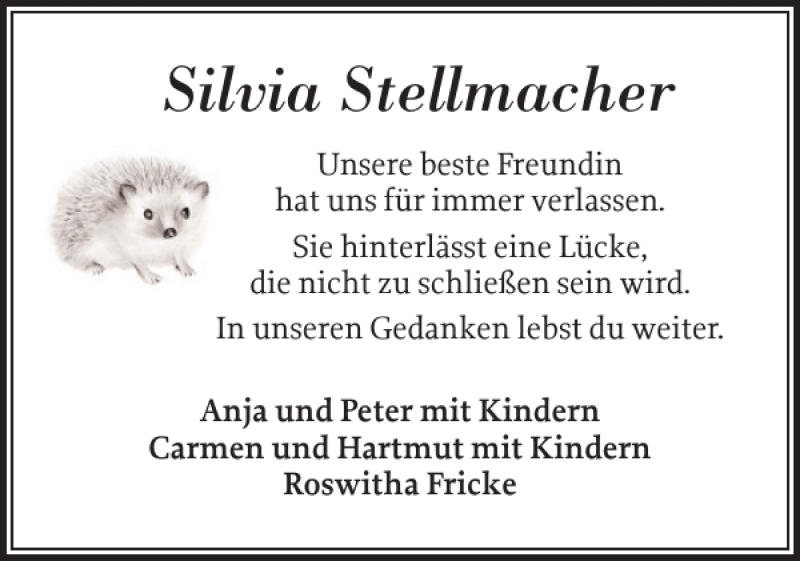  Traueranzeige für Silvia Stellmacher vom 22.10.2018 aus Schleswiger Nachrichten