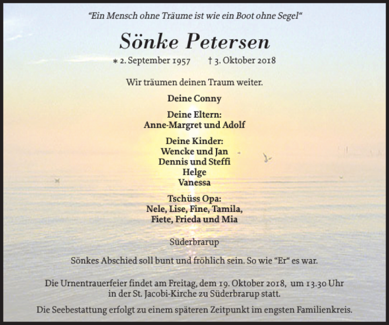  Traueranzeige für Sönke Petersen vom 13.10.2018 aus Flensburger Tageblatt