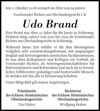 Traueranzeige von Udo Brand von Schleswiger Nachrichten
