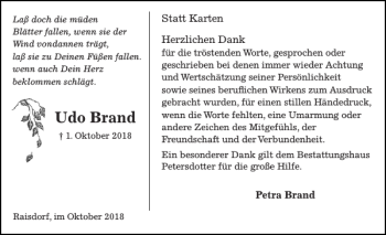 Traueranzeige von Udo Brand von Schleswiger Nachrichten