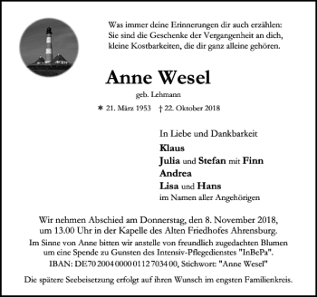 Traueranzeige von Anne Wesel von Stormarner Tageblatt