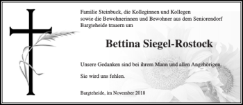 Traueranzeige von Bettina Siegel-Rostock von Stormarner Tageblatt