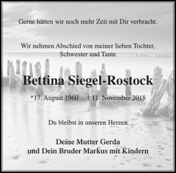 Traueranzeige von Bettina Siegel-Rostock von Stormarner Tageblatt
