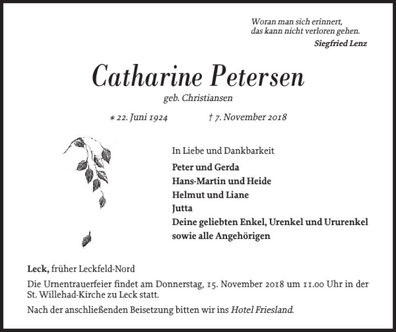  Traueranzeige für Catharine Petersen vom 10.11.2018 aus Nordfriesland Tageblatt