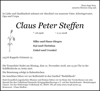 Traueranzeige von Claus Peter Steffen von Schlei-Bote