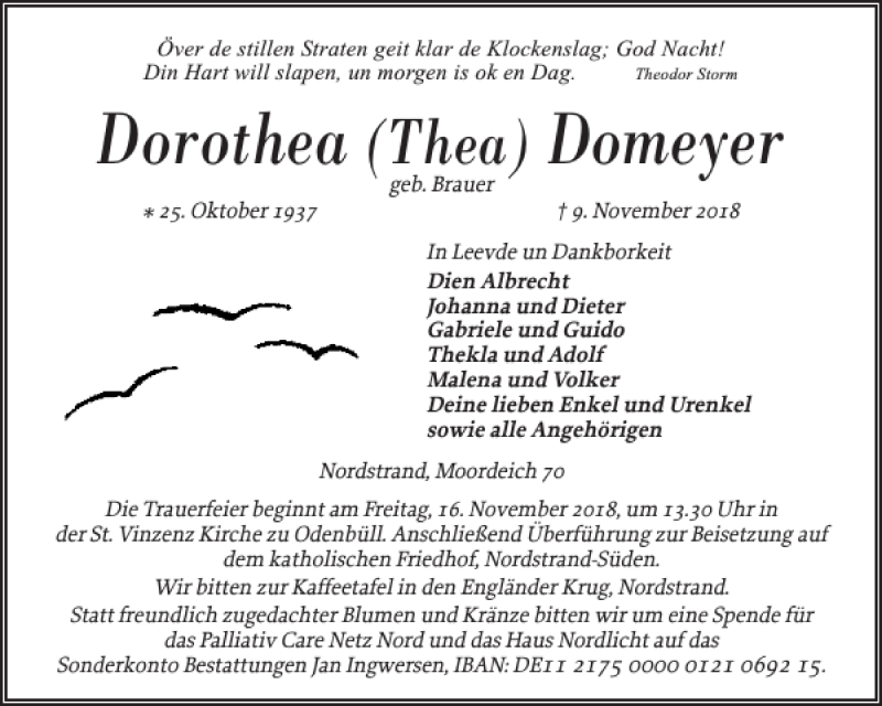  Traueranzeige für Dorothea Domeyer vom 12.11.2018 aus Flensburger Tageblatt