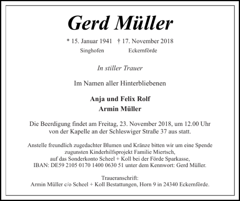  Traueranzeige für Gerd Müller vom 21.11.2018 aus Eckernförder Zeitung