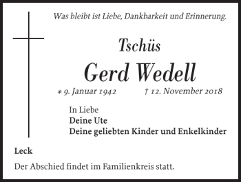 Traueranzeige von Gerd Wedell von Nordfriesland Tageblatt