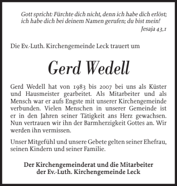 Traueranzeige von Gerd Wedell von Nordfriesland Tageblatt