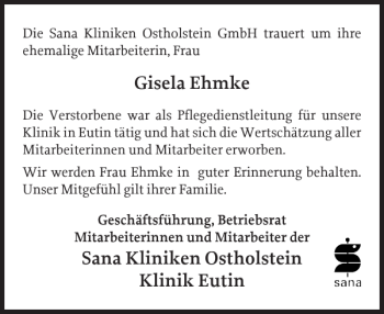 Traueranzeige von Gisela Ehmke Sana Kliniken Ostholstein Klinik Eutin  von Ostholsteiner Anzeiger