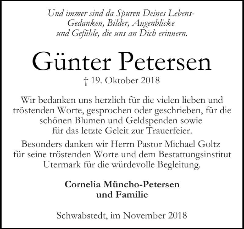  Traueranzeige für Günter Petersen vom 17.11.2018 aus Husumer Nachrichten