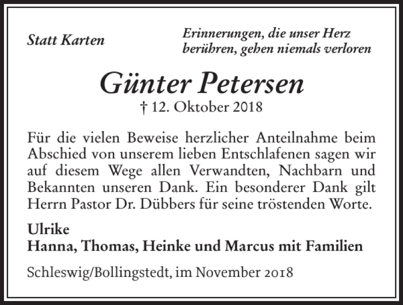  Traueranzeige für Günter Petersen vom 10.11.2018 aus Flensburger Tageblatt