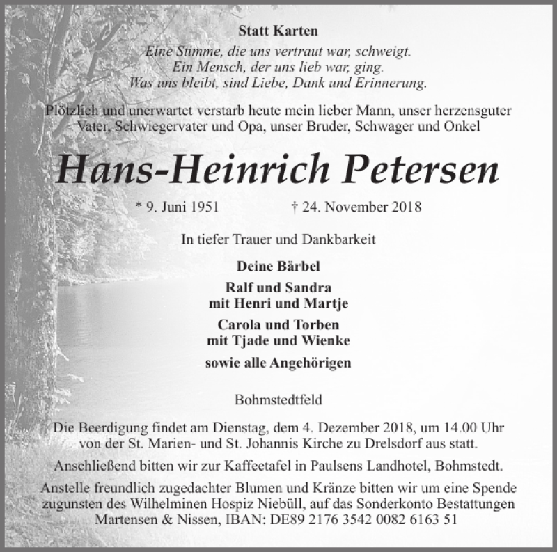  Traueranzeige für Hans-Heinrich Petersen vom 28.11.2018 aus Husumer Nachrichten