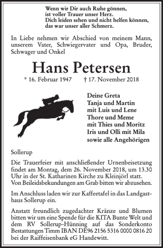  Traueranzeige für Hans Petersen vom 21.11.2018 aus Flensburger Tageblatt