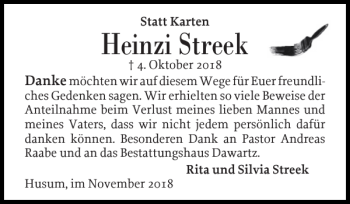 Traueranzeige von Heinzi Streek von Husumer Nachrichten