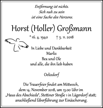 Traueranzeige von Horst Holler Großmann von Norddeutsche Rundschau
