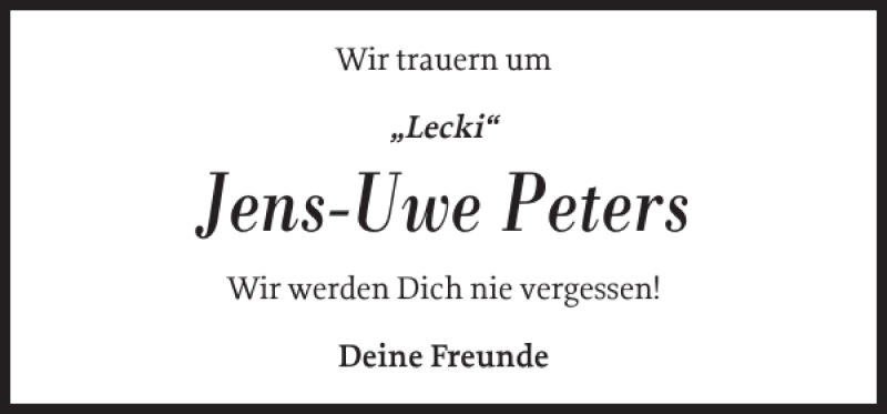  Traueranzeige für Jens-Uwe Peters vom 10.11.2018 aus Flensburger Tageblatt