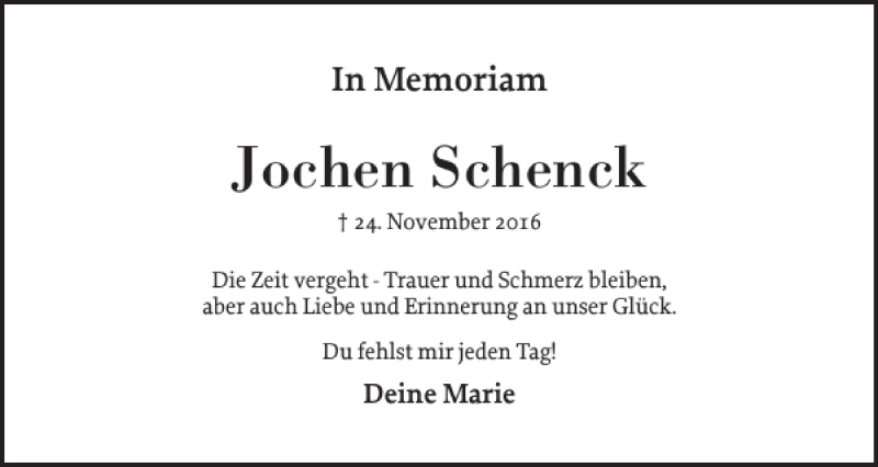  Traueranzeige für Jochen Schenck vom 24.11.2018 aus Elmshorner Nachrichten