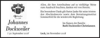 Traueranzeige von Johannes Dockweiler von Nordfriesland Tageblatt