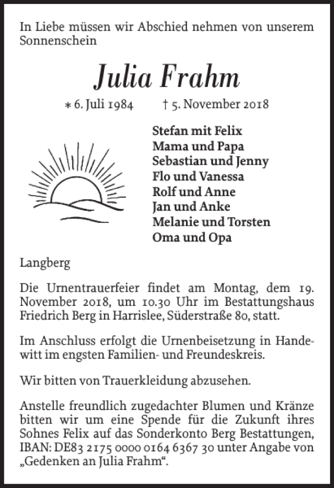  Traueranzeige für Julia Frahm vom 08.11.2018 aus Flensburger Tageblatt