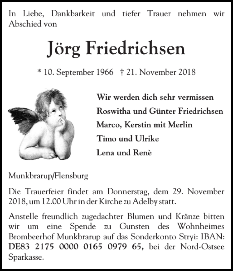  Traueranzeige für Jörg Friedrichsen vom 26.11.2018 aus Flensburger Tageblatt