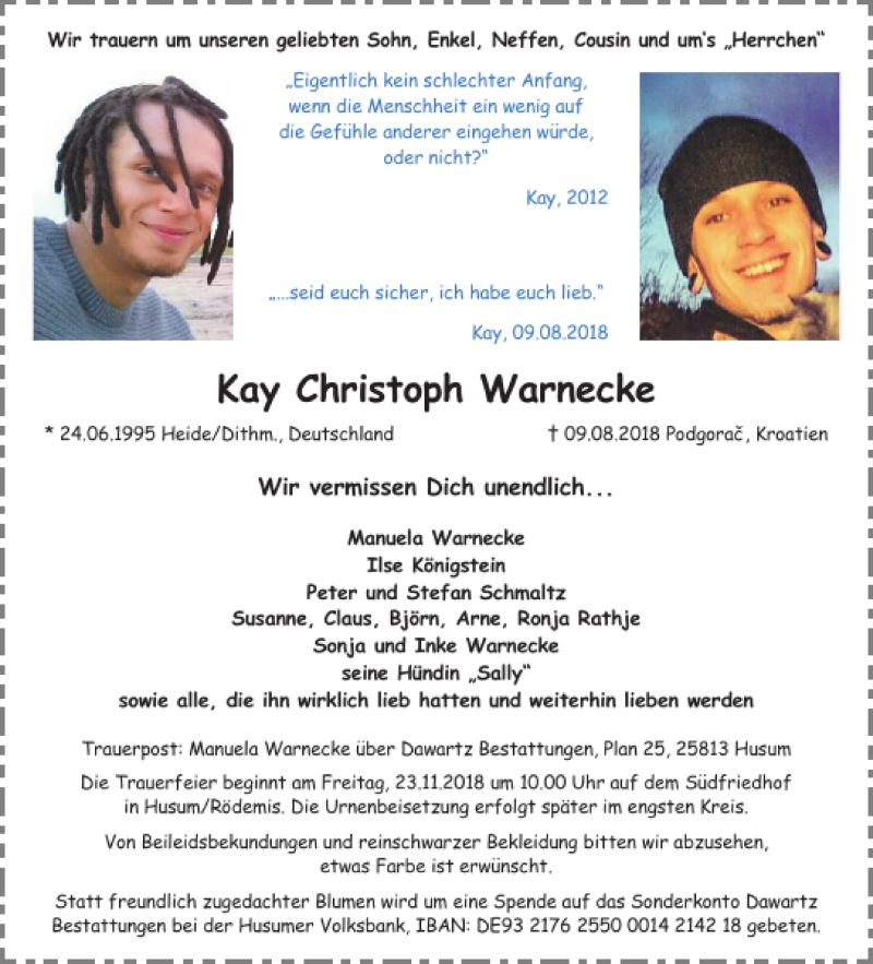 Traueranzeige für Kay Christoph Warnecke vom 10.11.2018 aus Husumer Nachrichten