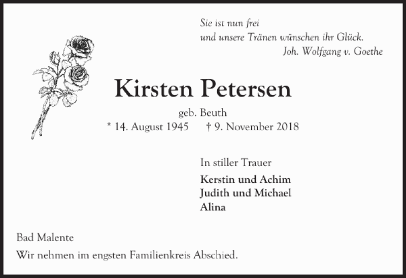  Traueranzeige für Kirsten Petersen vom 14.11.2018 aus Ostholsteiner Anzeiger