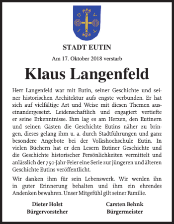 Traueranzeige von Klaus Langenfeld von Ostholsteiner Anzeiger