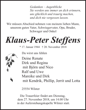 Traueranzeige von Klaus-Peter Steffens von Norddeutsche Rundschau