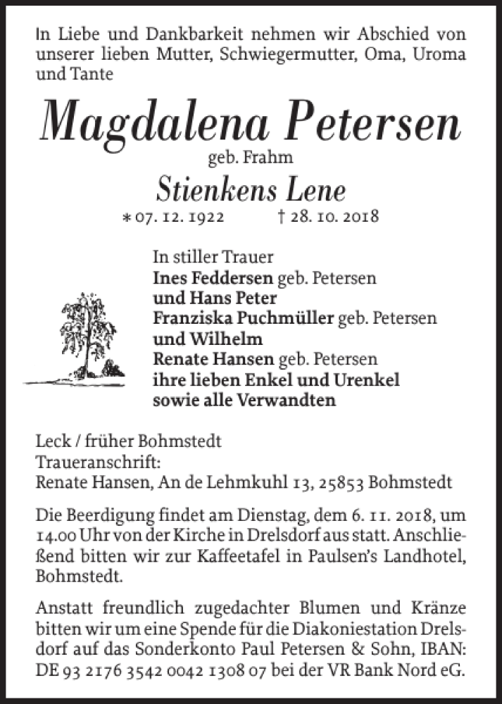  Traueranzeige für Magdalena Petersen vom 01.11.2018 aus Husumer Nachrichten