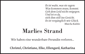 Traueranzeige von Marlies Strand von Elmshorner Nachrichten