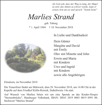 Traueranzeige von Marlies Strand von Elmshorner Nachrichten