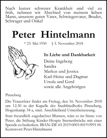 Traueranzeige von Peter Hintelmann von Pinneberger Tageblatt