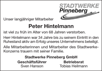 Traueranzeige von Peter Hintelmann von Pinneberger Tageblatt