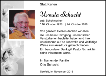 Traueranzeige von Ursula Schacht von Stormarner Tageblatt