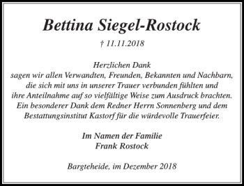 Traueranzeige von Bettina Siegel-Rostock von Stormarner Tageblatt
