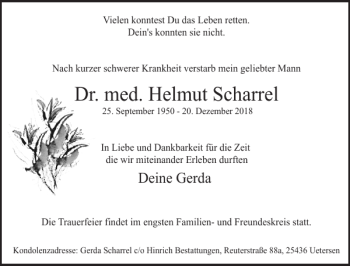 Traueranzeige von Dr. med. Helmut Scharrel von Uetersener Nachrichten